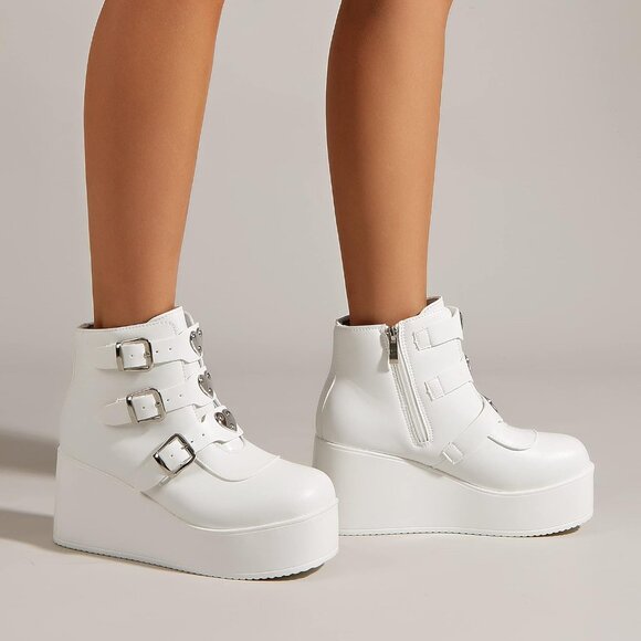 Lucky Step Women White Round Toe Zipper Wedges High Heel Rave Buckle Booties - Picture 4 of 7
